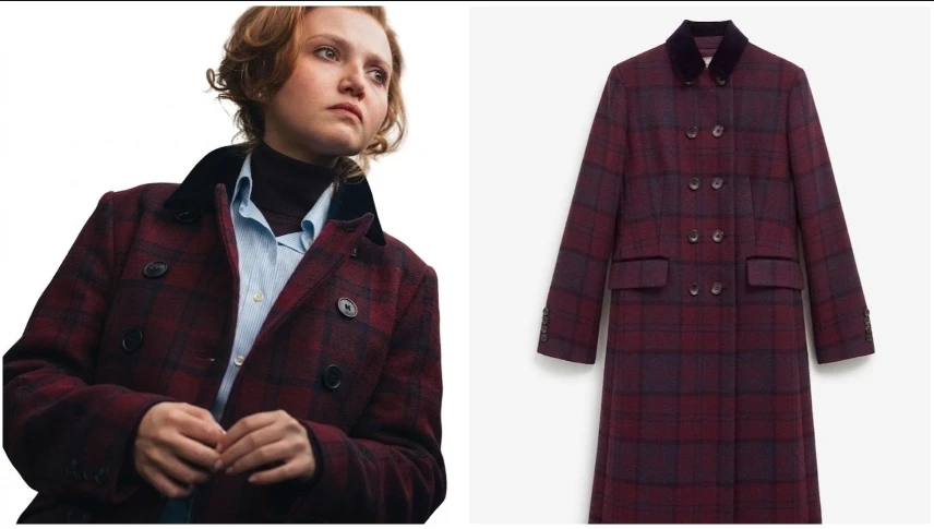 Mia McKenna-Bruce wearing a burgundy plaid coat in The Lady 2026