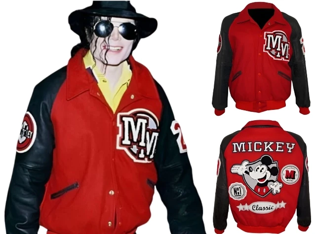 Michael Jackson Mickey Mouse Red and Black Varsity Jacket