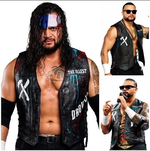 Mike Santana wearing the TNA Rebellion 2026 Black Leather Vest