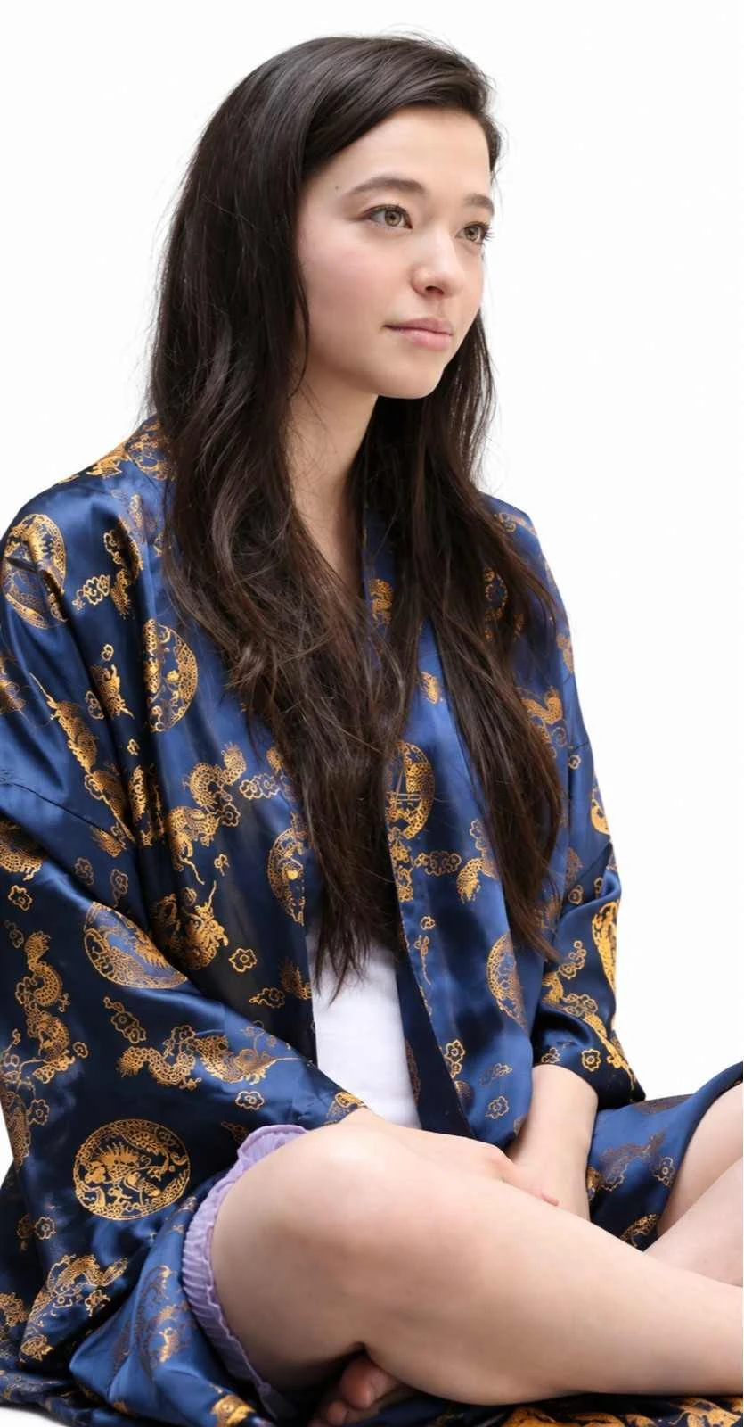 Mikey Madison Blue Satin Printed Robe Mikey Madison inspired blue satin printed robe with gold dragon pattern