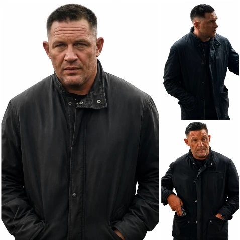 Tom Hardy wearing the black cotton jacket from MobLand Season 2