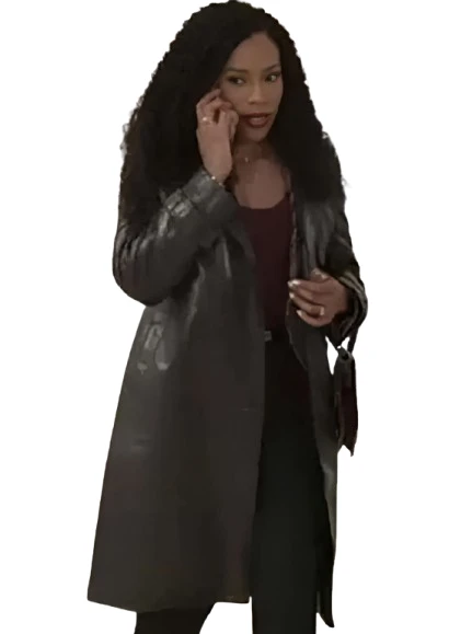 Naomi Hamilton Hawthorne Beyond The Gates S02 Leather Coat Black Long Coat Front View