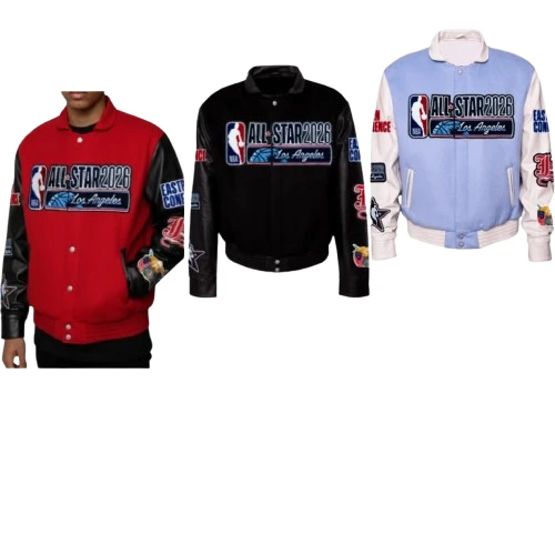 nba all star 2026 los angeles varsity jacket front view