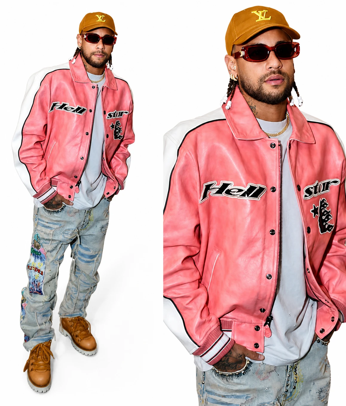 Neymar Wearing Pink Hell Star Leather Varsity Jacket Street Style