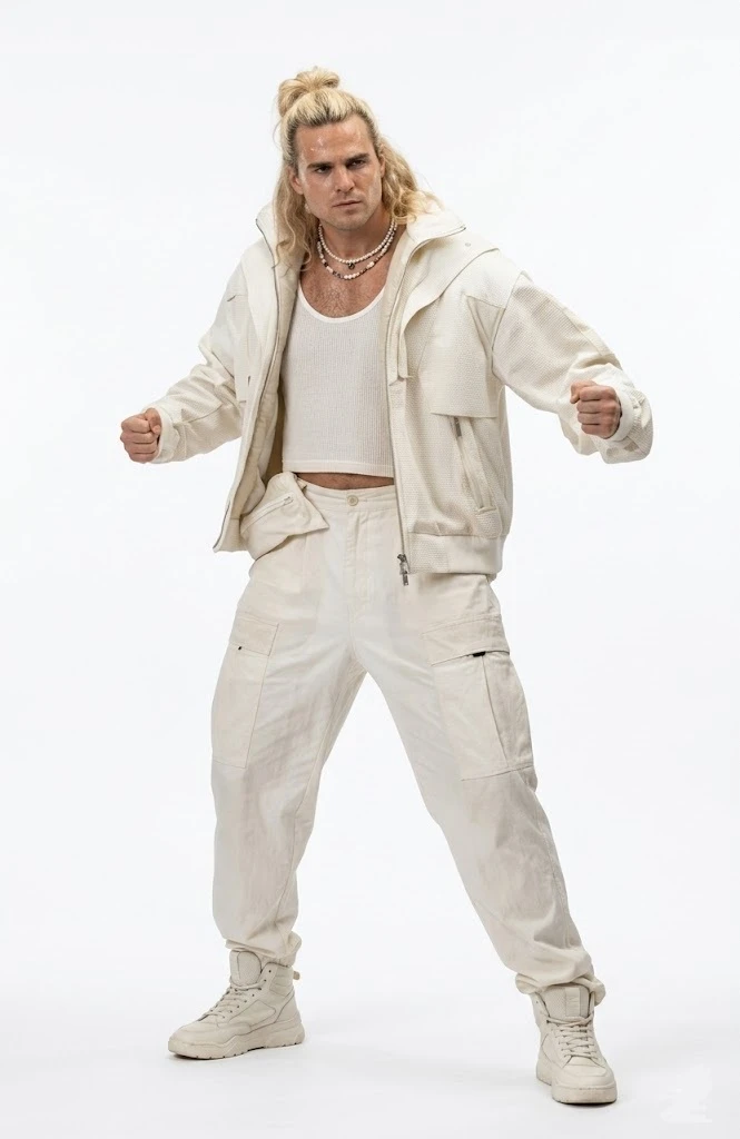 Noah Centineo Ken Masters Street Fighter 2026 white cotton hooded jacket front view streetwear style