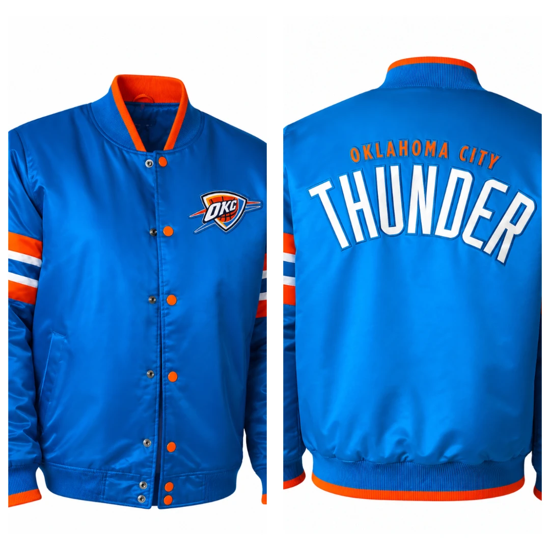 Oklahoma City Thunder blue satin varsity jacket front detail ribbed hem and cuffs