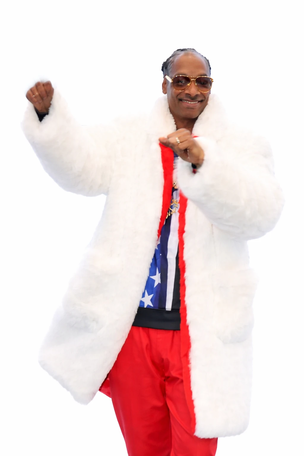 Olympics 2026 Snoop Dogg Milano Cortina Faux Fur Coat Snoop Dogg Olympics 2026 Milano Cortina White Fur Coat Front View
