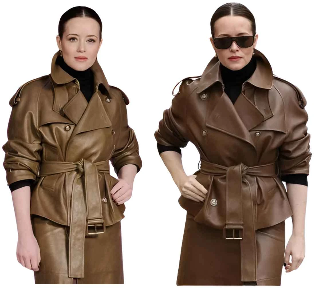 PFW Claire Foy Leather Jacket With Matching Skirt PFW Claire Foy Leather Jacket With Matching Skirt