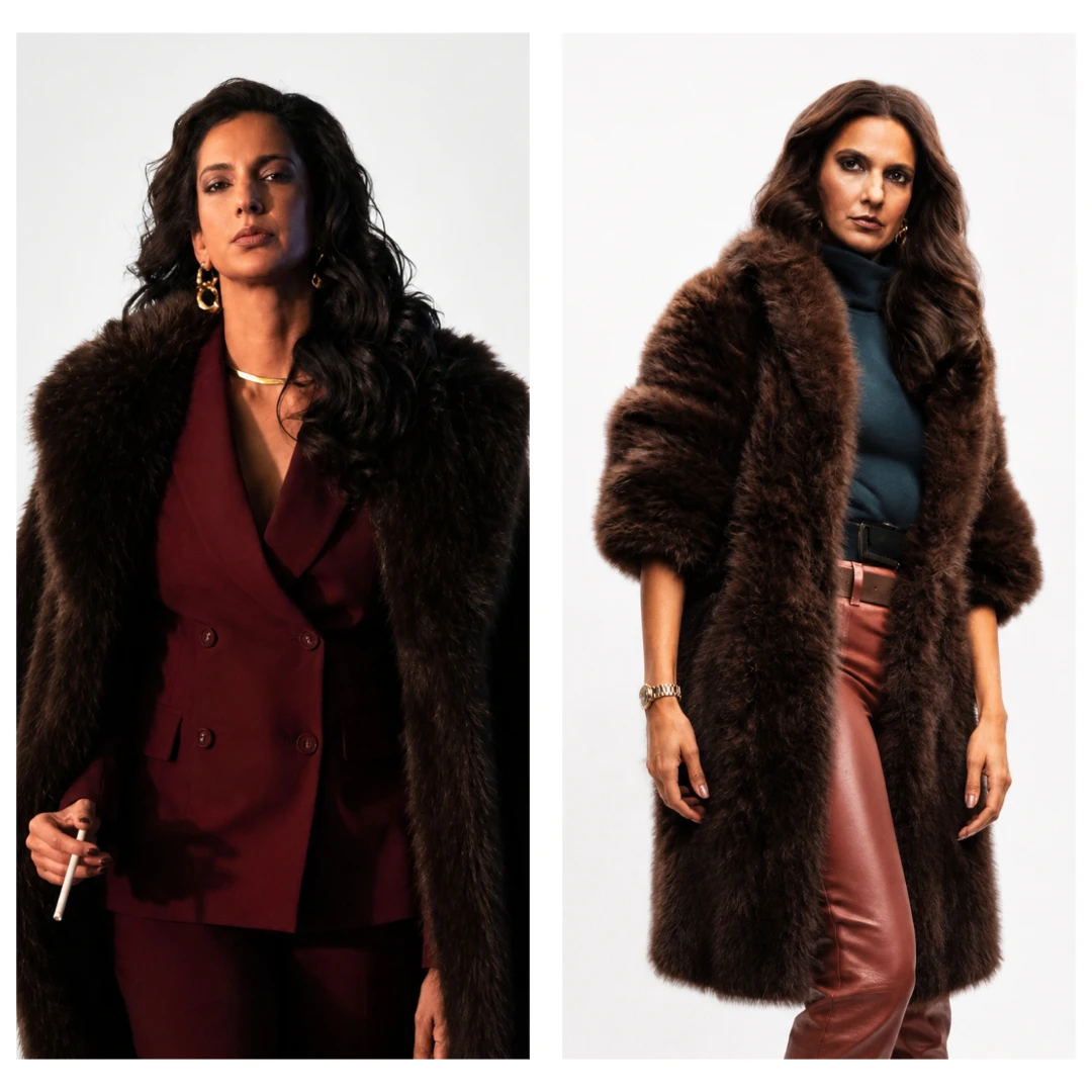 Deli Boys Poorna Jagannathan Brown Fur Coat Outfit