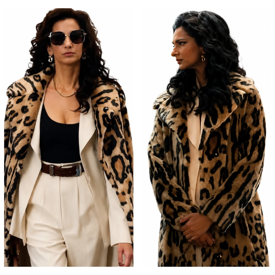 Poorna Jagannathan Wearing Leopard Print Fur Coat In Deli Boys