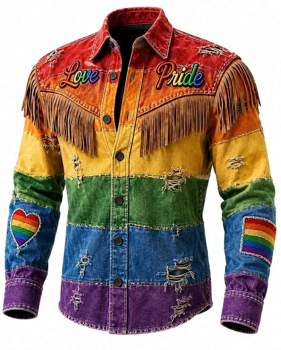 Rainbow Pride Love Western Fringe Denim Jacket Rainbow Pride Love Fringe Denim Jacket with Western Tassels