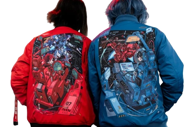Men's Red Bomber Jacket with Large Anime Mecha Pilot Graphic Print on Back