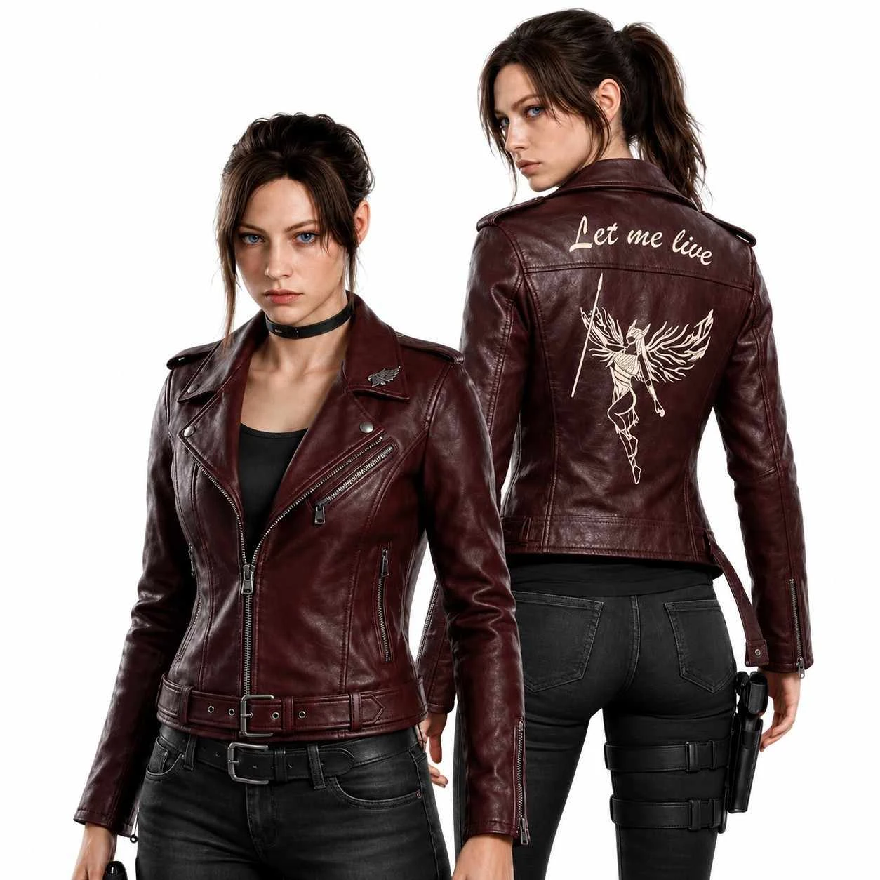 Claire Redfield Resident Evil Code Veronica burgundy leather jacket front and back view