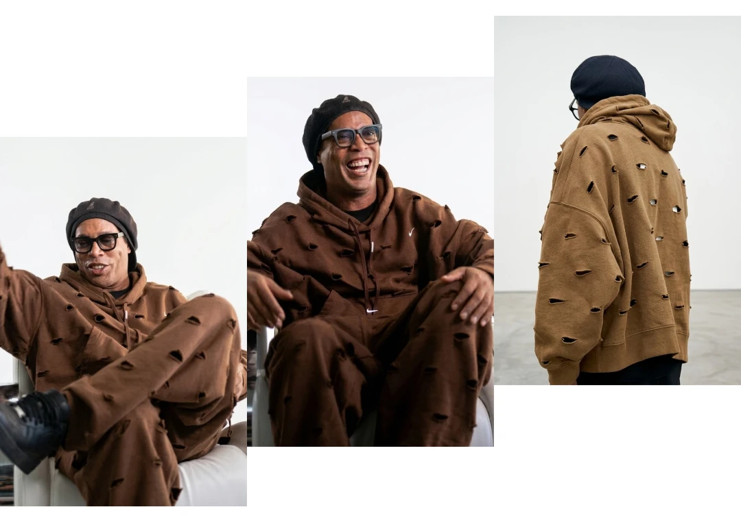 Ronaldinho Brown Tracksuit Hoodie Set Casual Sitting Pose
