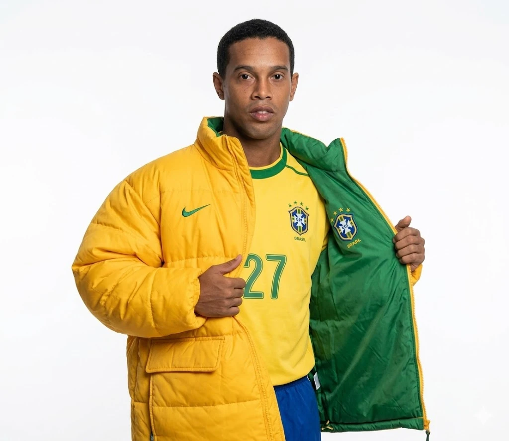 Ronaldinho The One and Only Yellow Puffer Jacket Front Open Brazil Jersey Look