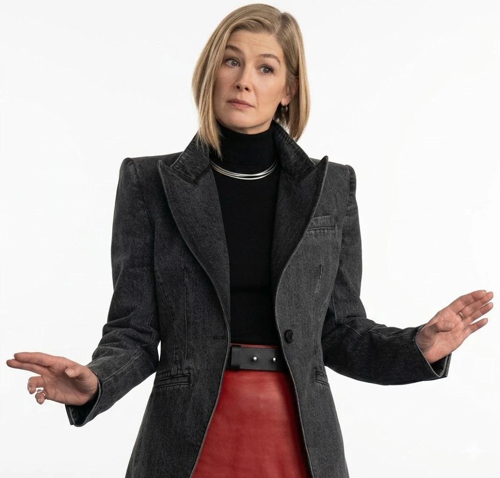 Rosamund Pike Ladies First 2026 Charcoal Grey Suede Blazer