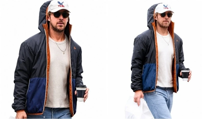 Ryan Gosling Black Blue Hooded Windbreaker Jacket Front View