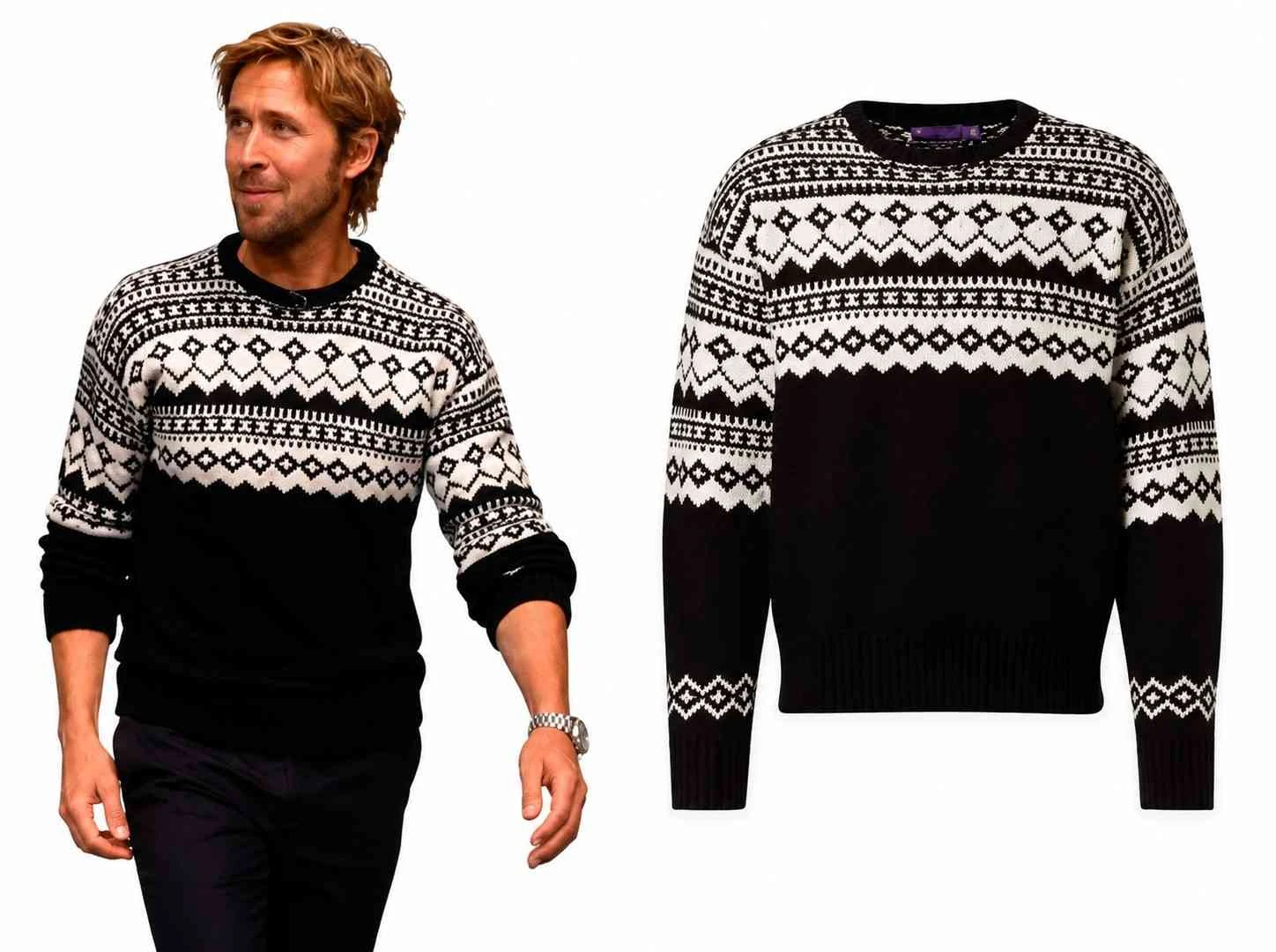 Ryan Gosling wearing a black and white Fair Isle knitted sweater
