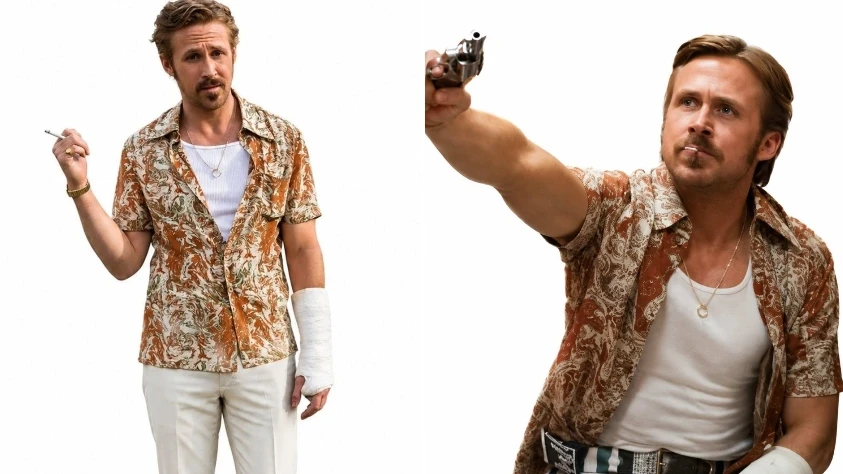 Ryan Gosling wearing a rust orange floral printed short sleeve shirt