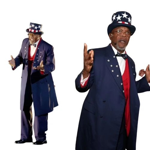 Samuel L Jackson wearing Uncle Sam patriotic costume at 2026 Superbowl