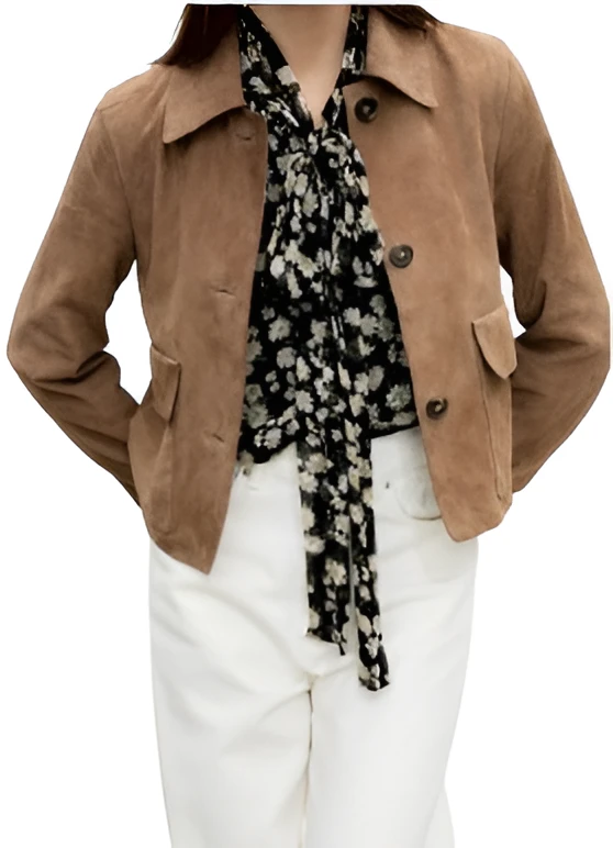 Gemma Arterton Brown Suede Jacket Secret Service 2026 Front View