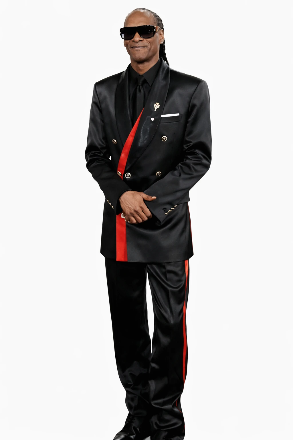 Snoop Dogg, Golden Globes 2026, Black and Red Tuxedo, Asymmetric Blazer, Double Breasted Suit, Red Satin Suit, Celebrity Red Carpet Fashion, Stacy Adams Look, Gold Button Suit, 83rd Annual Golden Globes, Mens Designer Tuxedo, Hip Hop Style, Hollywood Party of the Year