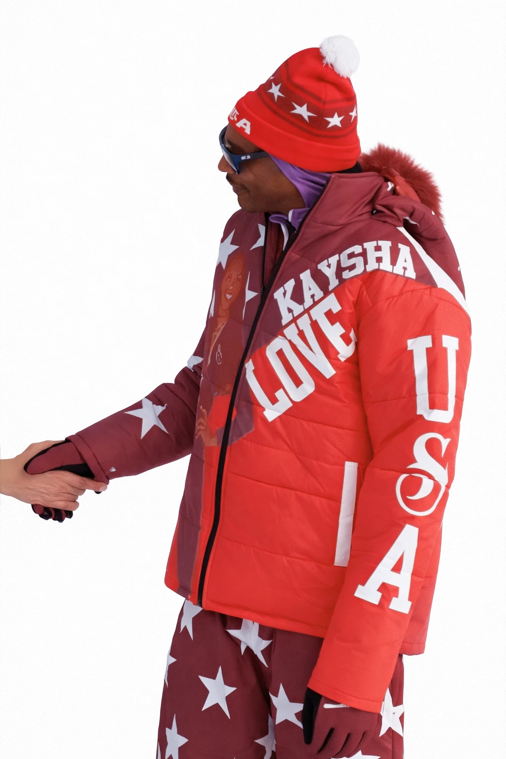 Snoop Dogg Kaysha Love Milano Cortina 2026 Winter Olympics Jacket Snoop Dogg Milano Cortina 2026 USA Red Puffer Jacket Front View