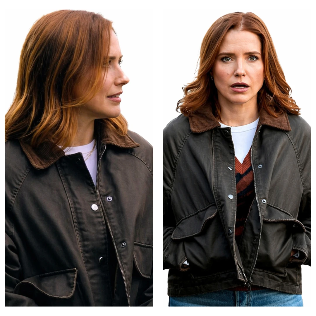 Sophia Bush wearing brown cotton jacket in Broad Trip 2026 movie