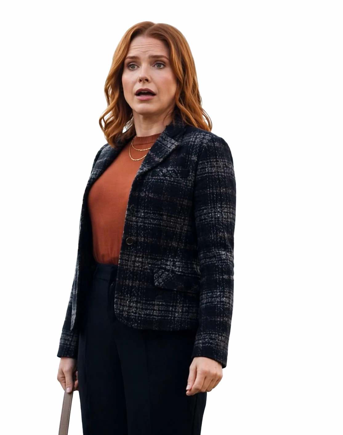 Sophia Bush Broad Trip 2026 Plaid Blazer Jacket Front View