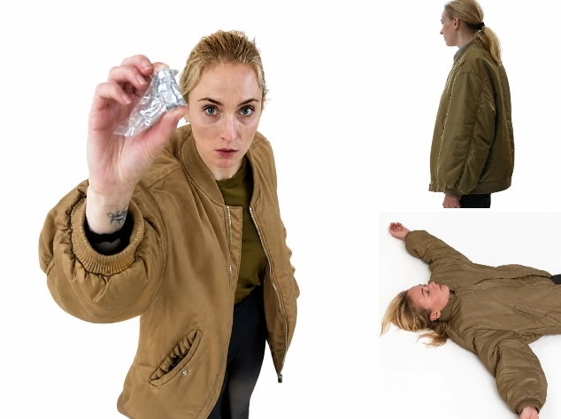 Sophie Turner Steal 2026 Beige Bomber Jacket Close Up View