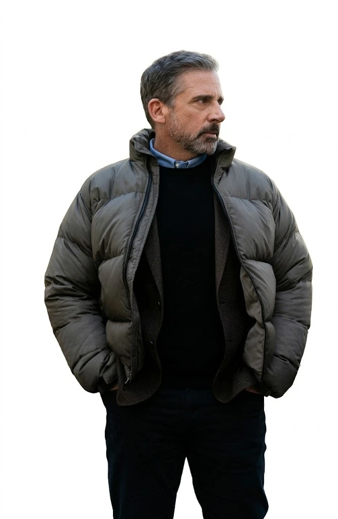 Rooster 2026 Steve Carell Jacket Front View