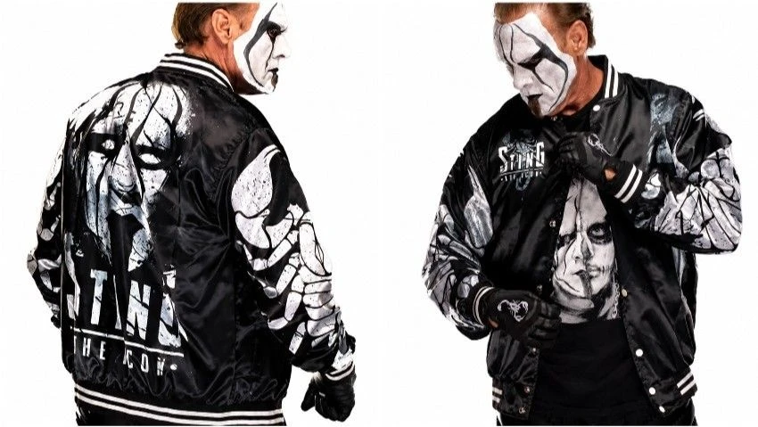 Sting AEW black graphic satin bomber jacket back view