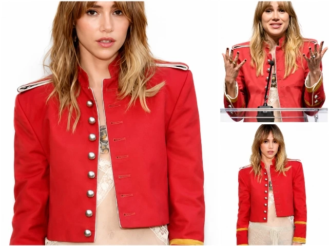 Suki Waterhouse Red Cropped Military Jacket Front View