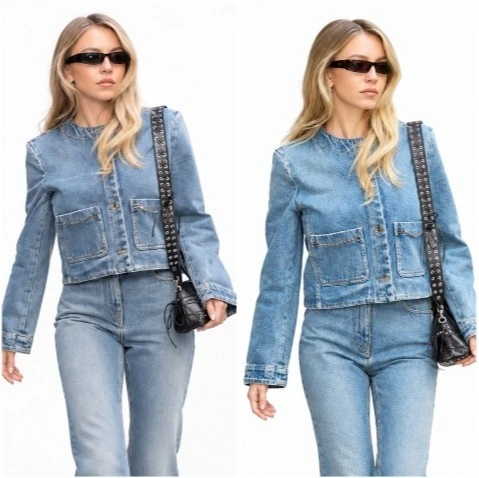Sydney Sweeney wearing a light blue cropped denim jacket with matching jeans