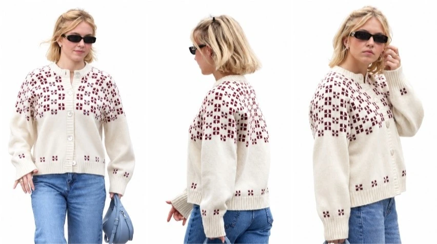 Sydney Sweeney cream embroidered knit cardigan front, side and back views