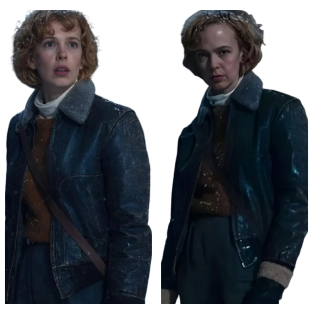 Brittany Allen wearing black leather jacket in The Yeti movie