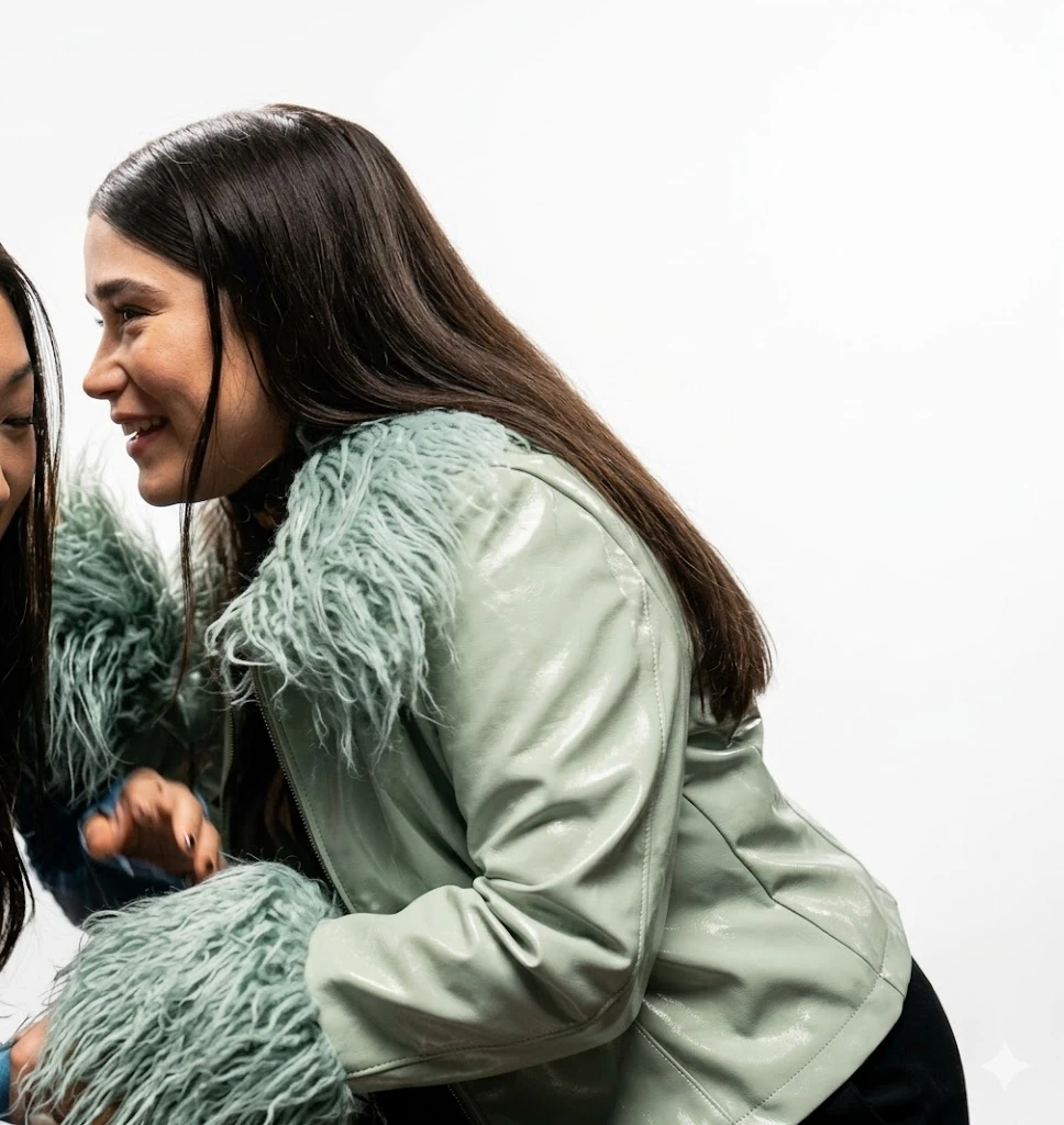 Melissa Macedo wearing green faux fur leather jacket in Thinestra 2026 side profile look