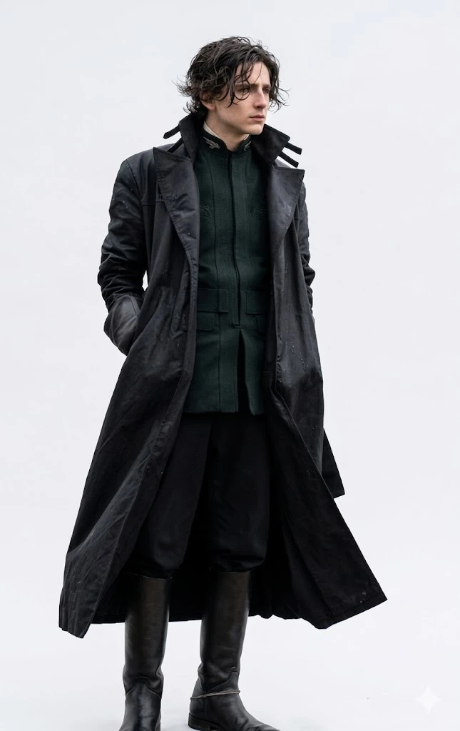Timothée Chalamet Dune Part Three Black Futuristic Trench Coat Full View
