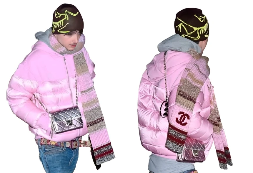 Timothee Chalamet wearing pink puffer jacket in NYC street style winter outfit