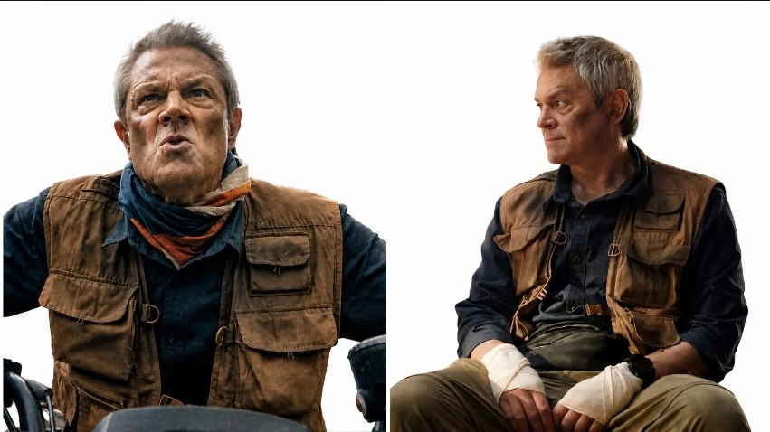 Johnny Knoxville wearing a brown utility vest in Tiny Fugitives 2026