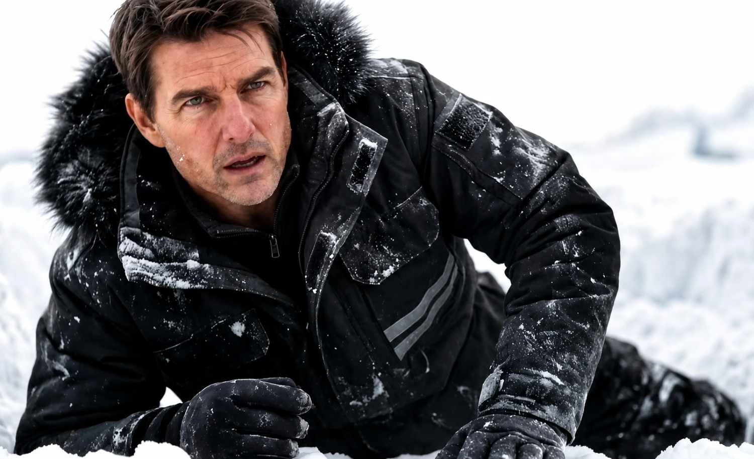 Tom Cruise Wearing Black Cotton Hooded Parka Jacket in Snow