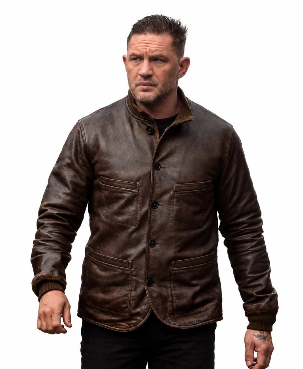 Brown waxed leather jacket with ribbed collar and cuffs, inspired by Tom Hardy’s MobLand S02 look