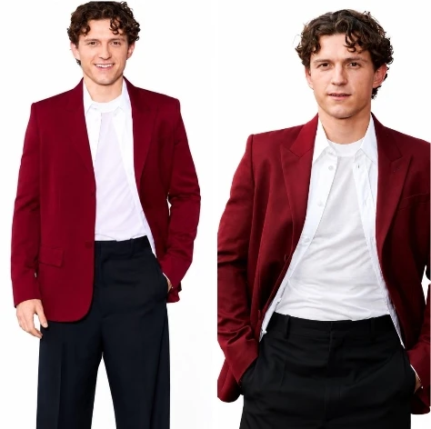 Tom Holland wearing a burgundy red blazer