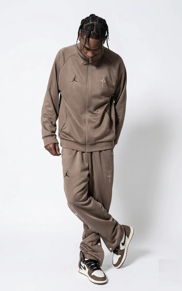 Travis Scott Brown Tracksuit Jacket Front View Streetwear Outfit