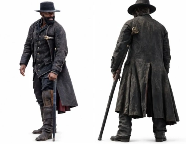 Treasure Island 2026 David Oyelowo black leather coat with textured fabric vest front and back view