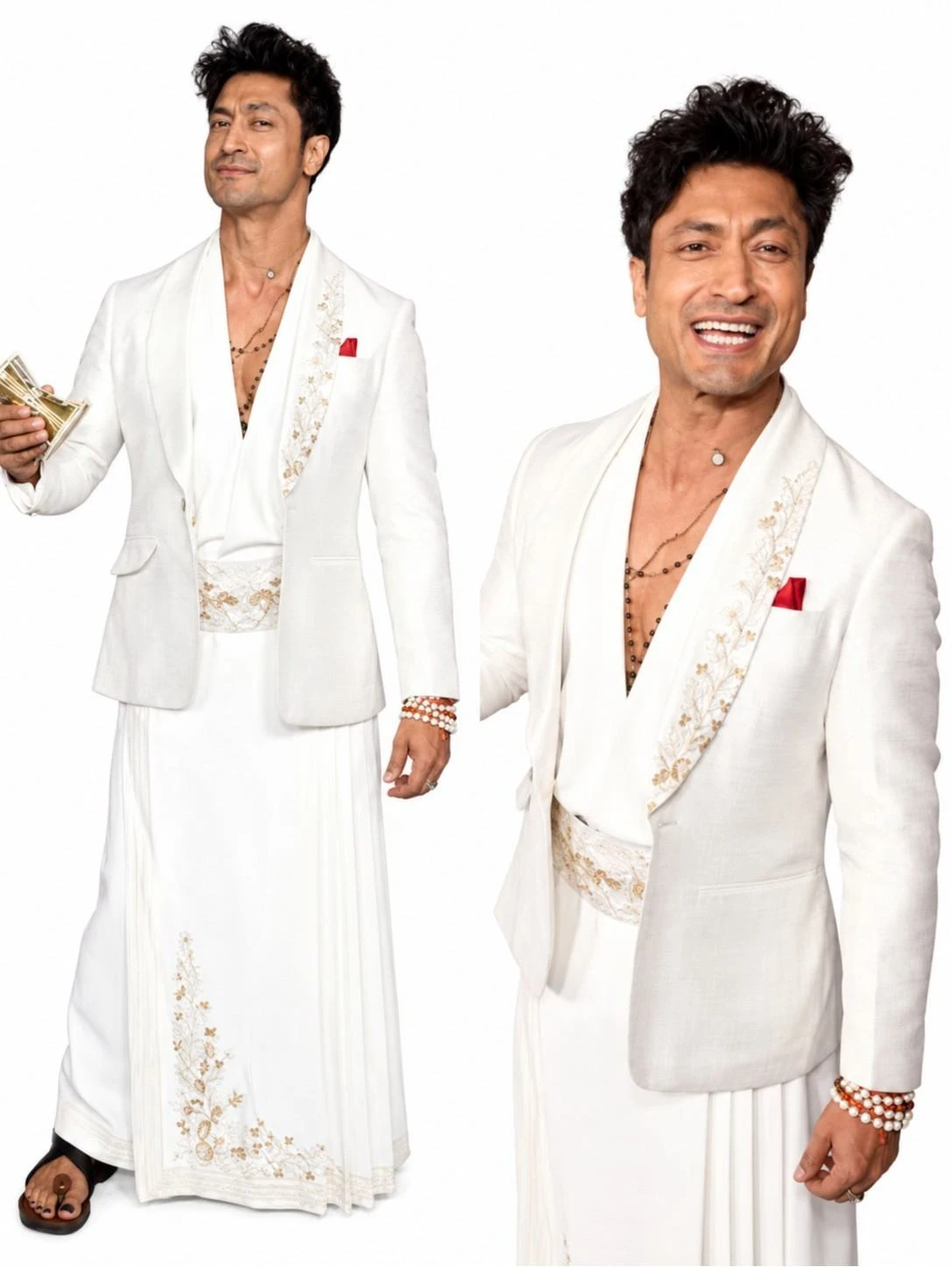 Vidyut Jammwal wearing a white blazer with gold lapel embroidery