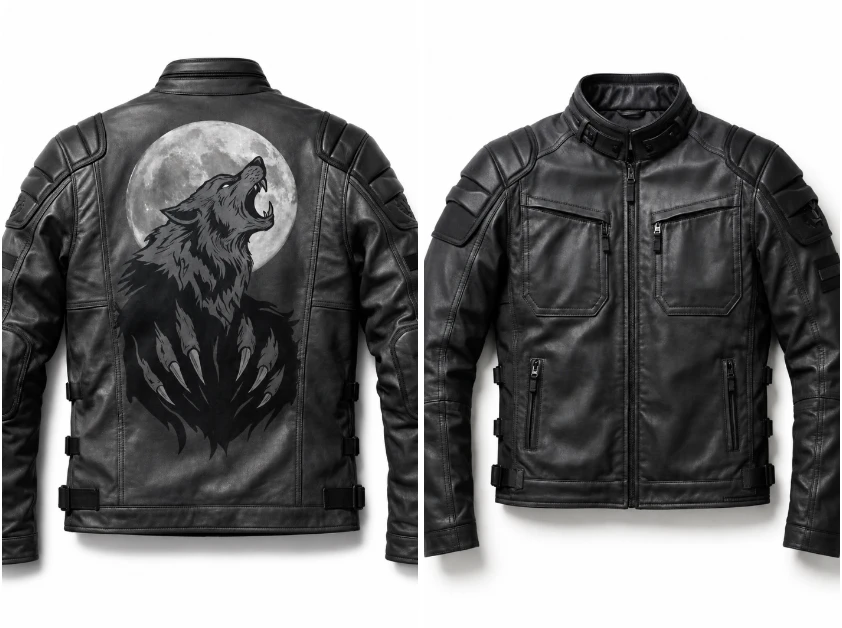 Black Tactical Wolf Leather Biker Jacket Front Side