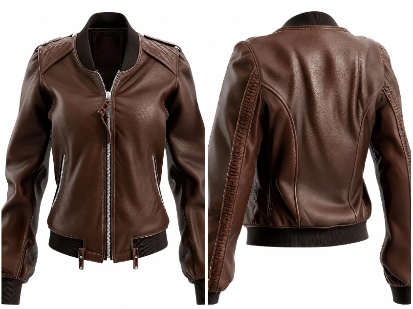 Women Chocolate Brown Leather Bomber Jacket Front View