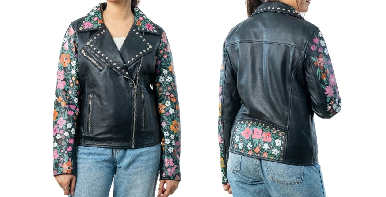 Women Floral Sleeve Black Leather Biker Jacket women leather jacket, floral sleeve jacket, black biker jacket, women biker jacket, floral leather jacket, moto jacket women, printed sleeve jacket, women fashion jacket