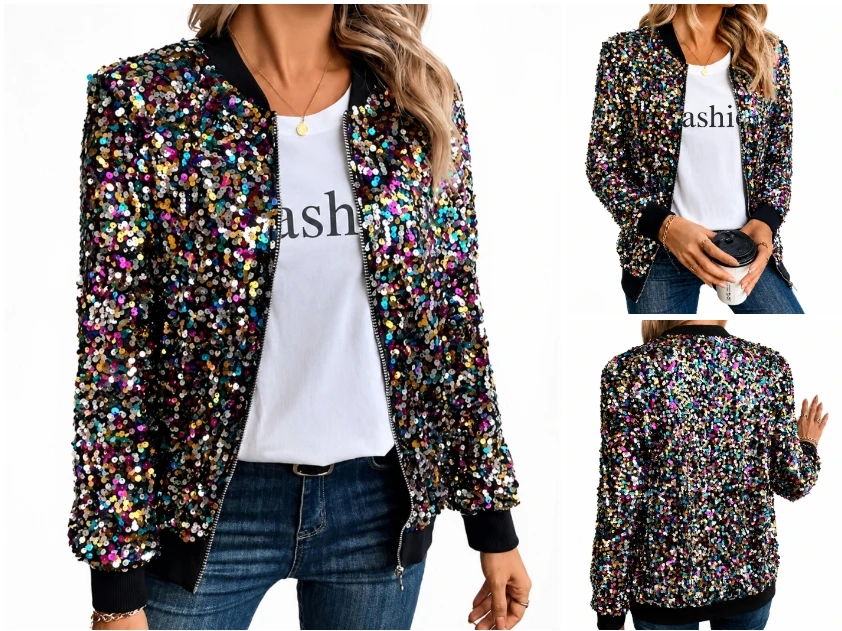 Women Multicolor Sequin Bomber Jacket Front View